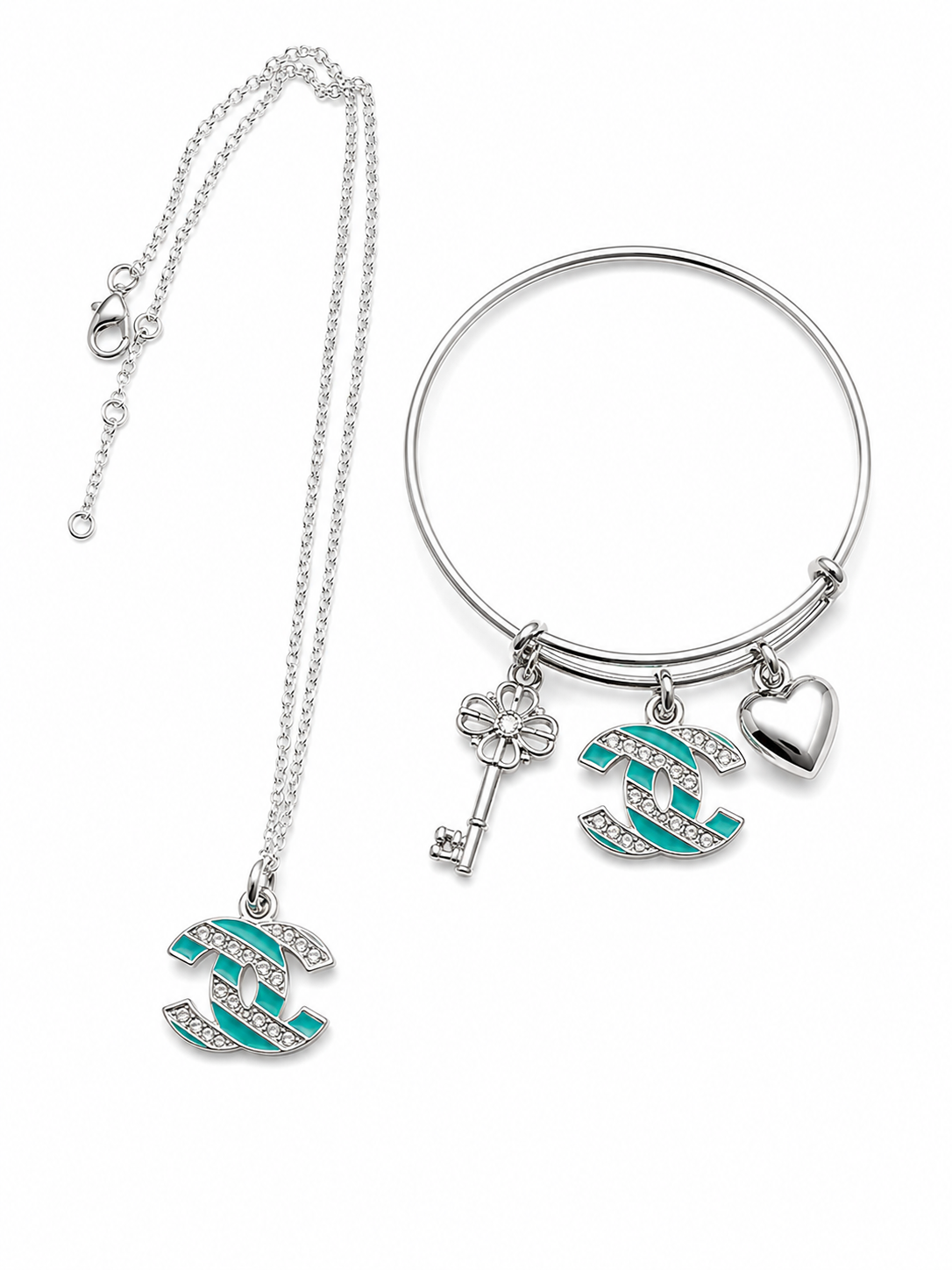 Kids Silver Bangle & Necklace with Designer Inspired Charm Set