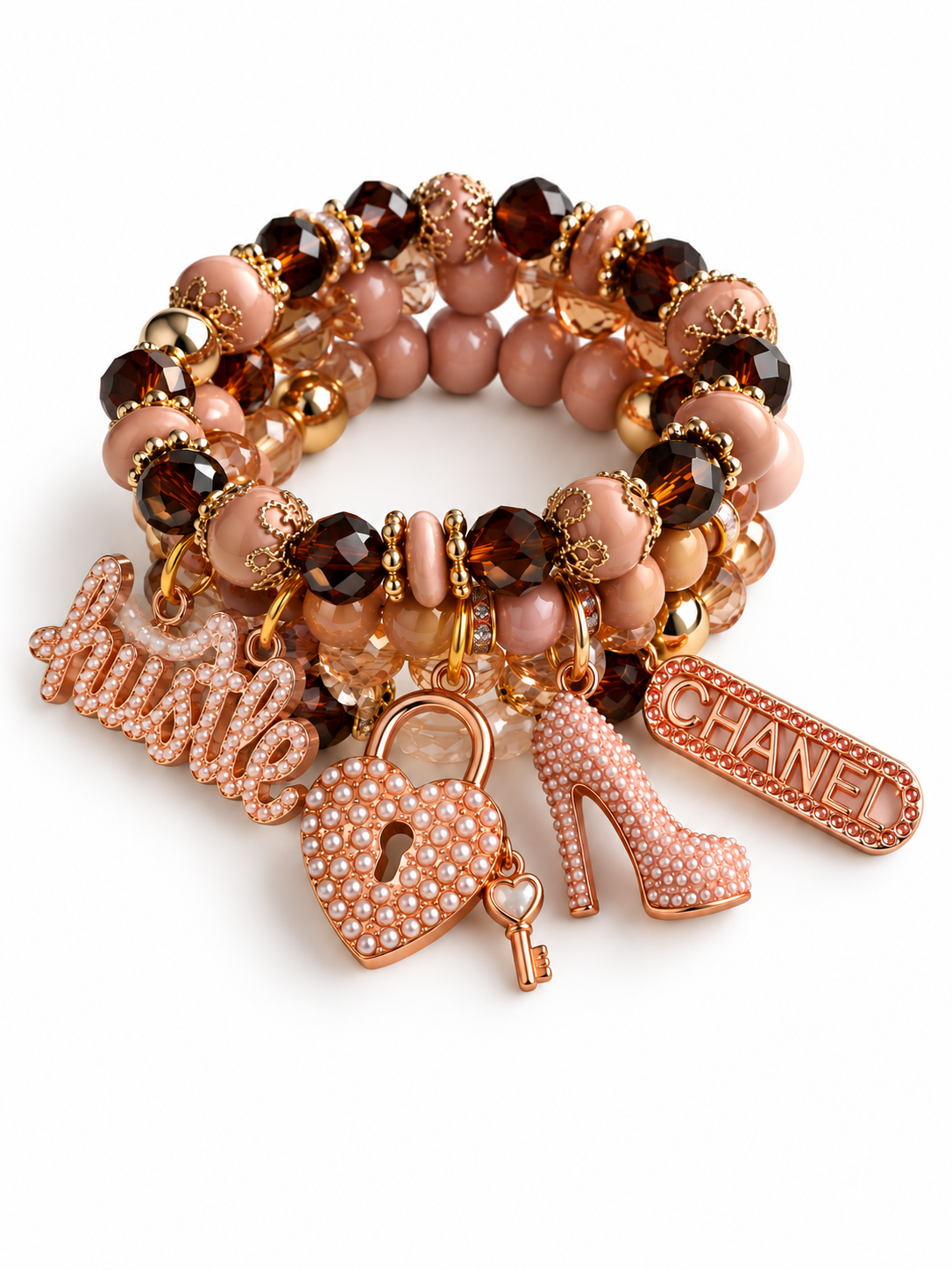 Brown Beaded Bracelet with Charms #70