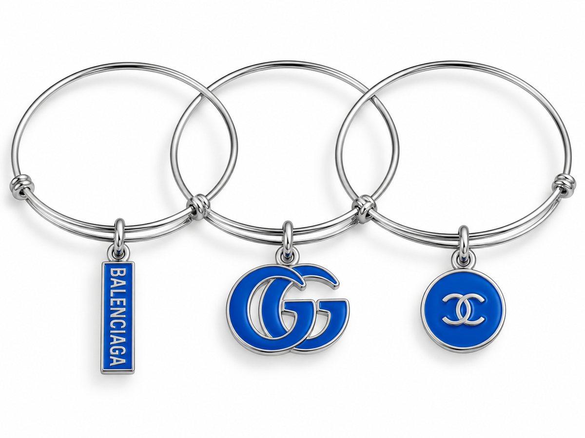 3 Silver Adjustable Bangles with Blue Charms #213