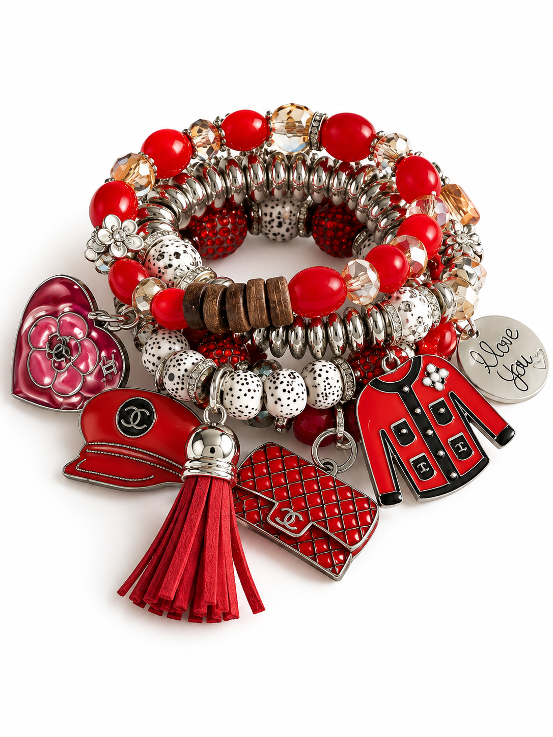 Red Beaded Bracelet with Charms #71