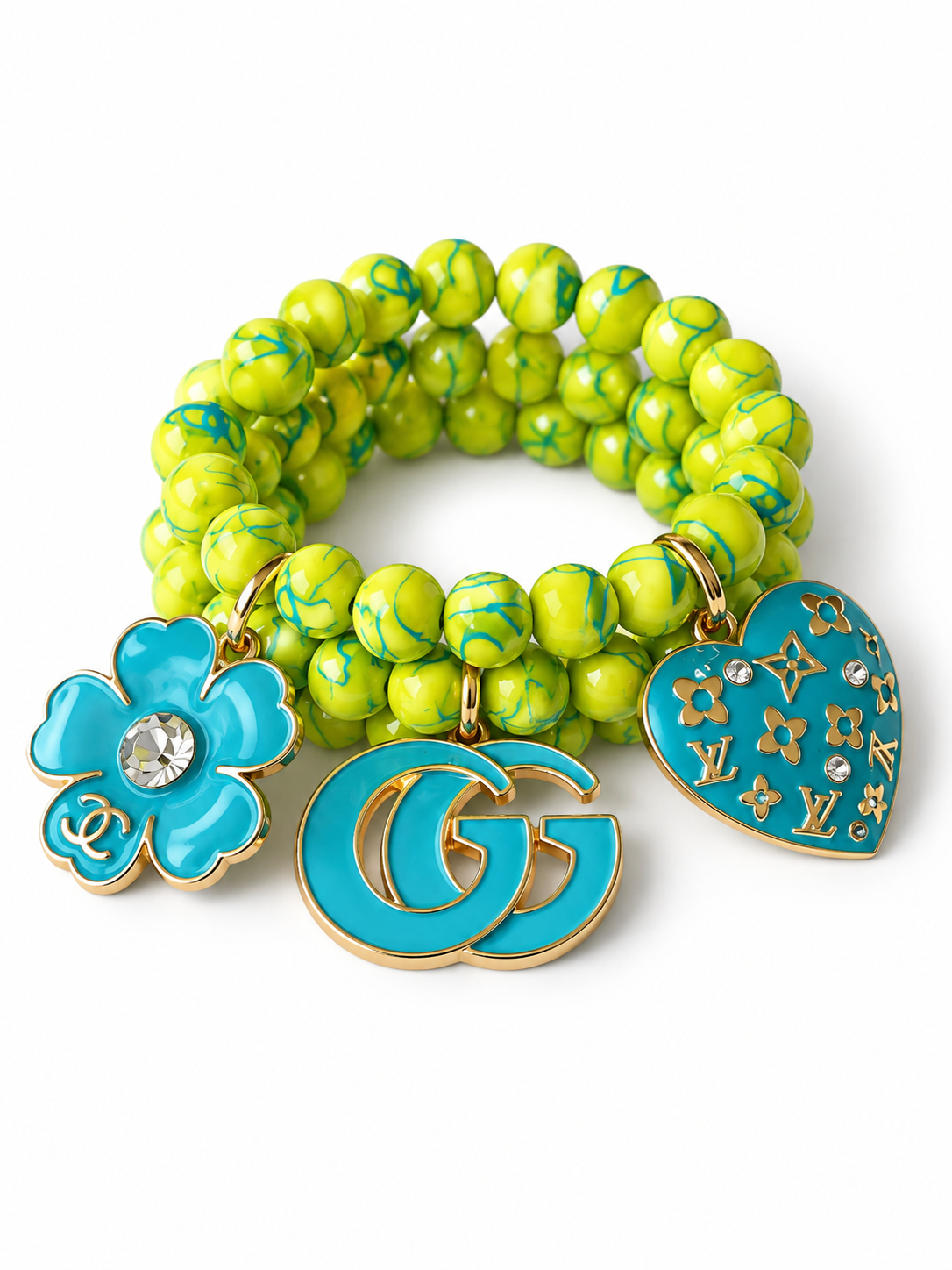 Yellow and Turquoise Beaded Bracelet with Charms#45