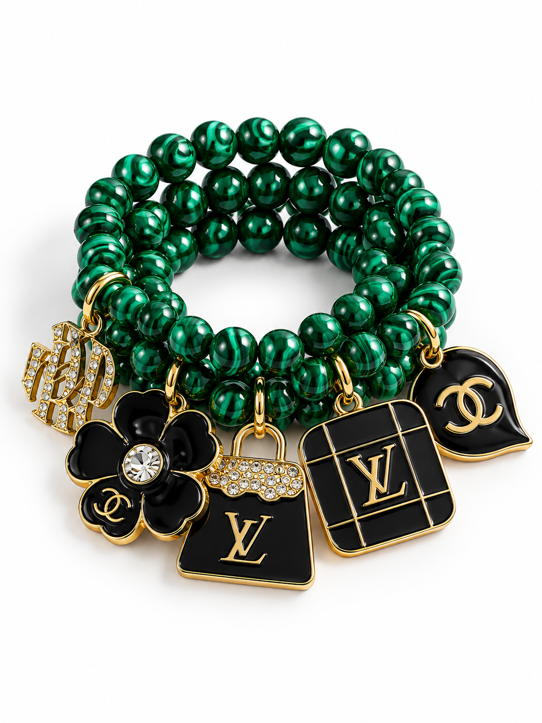 Green Beaded Bracelet with Charms #002
