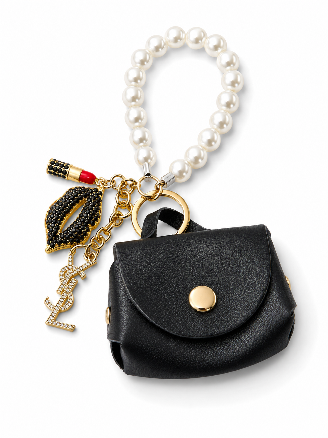 Stylish Black Mini Pouch Keychain with Charms