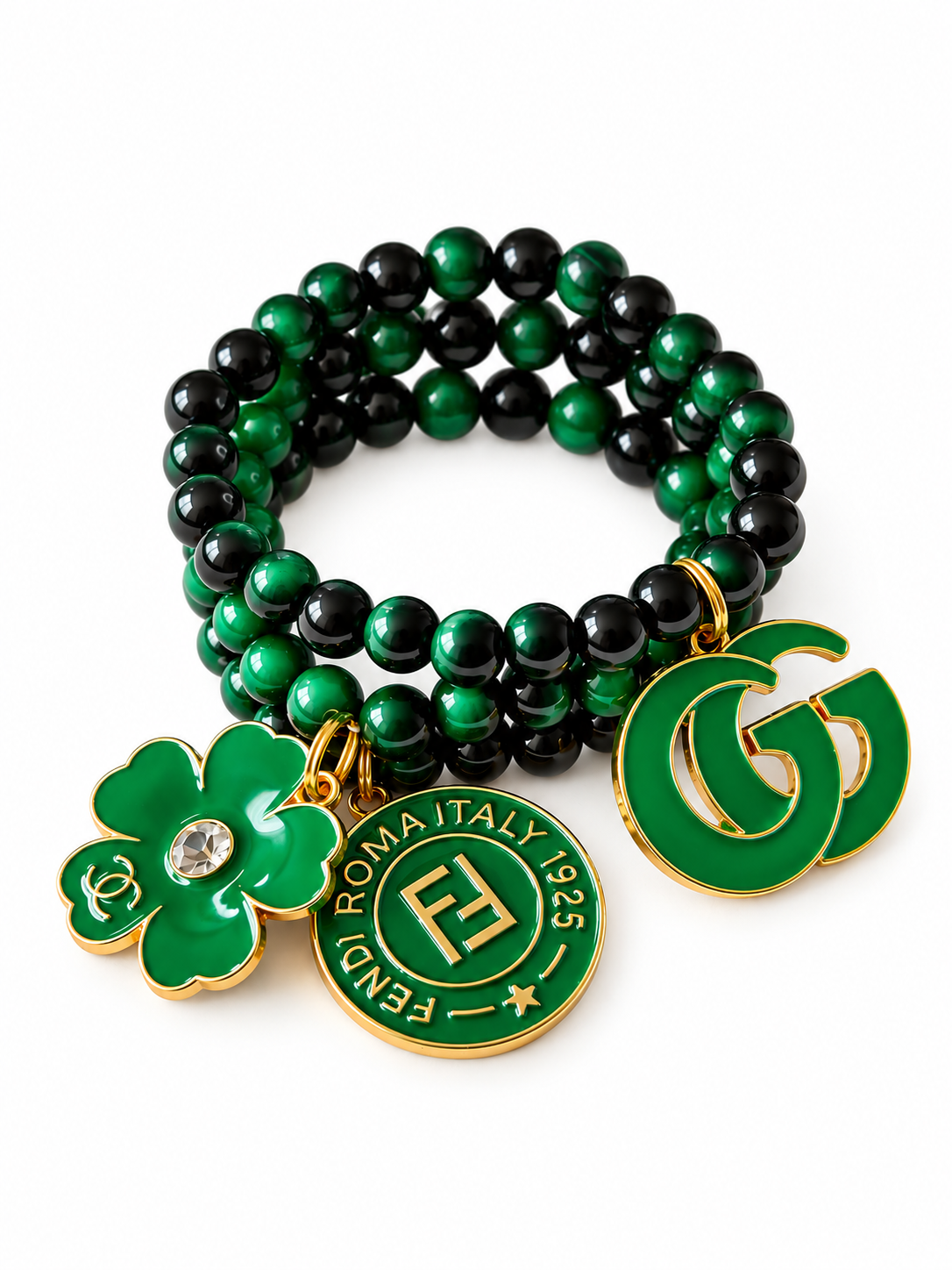 Green and Black Beaded Bracelet with Charms #58