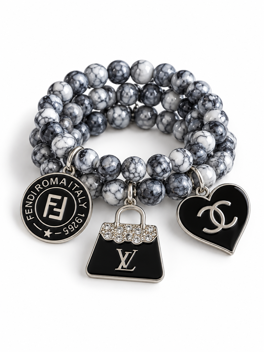 Gray and Black Beaded Bracelet with Charms #46