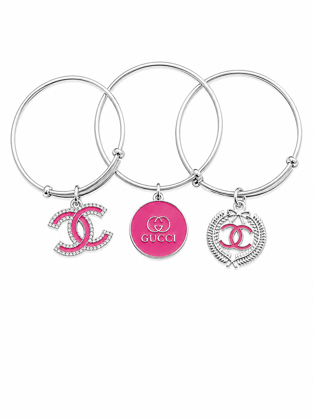 Silver Bangles with Hot Pink Charms