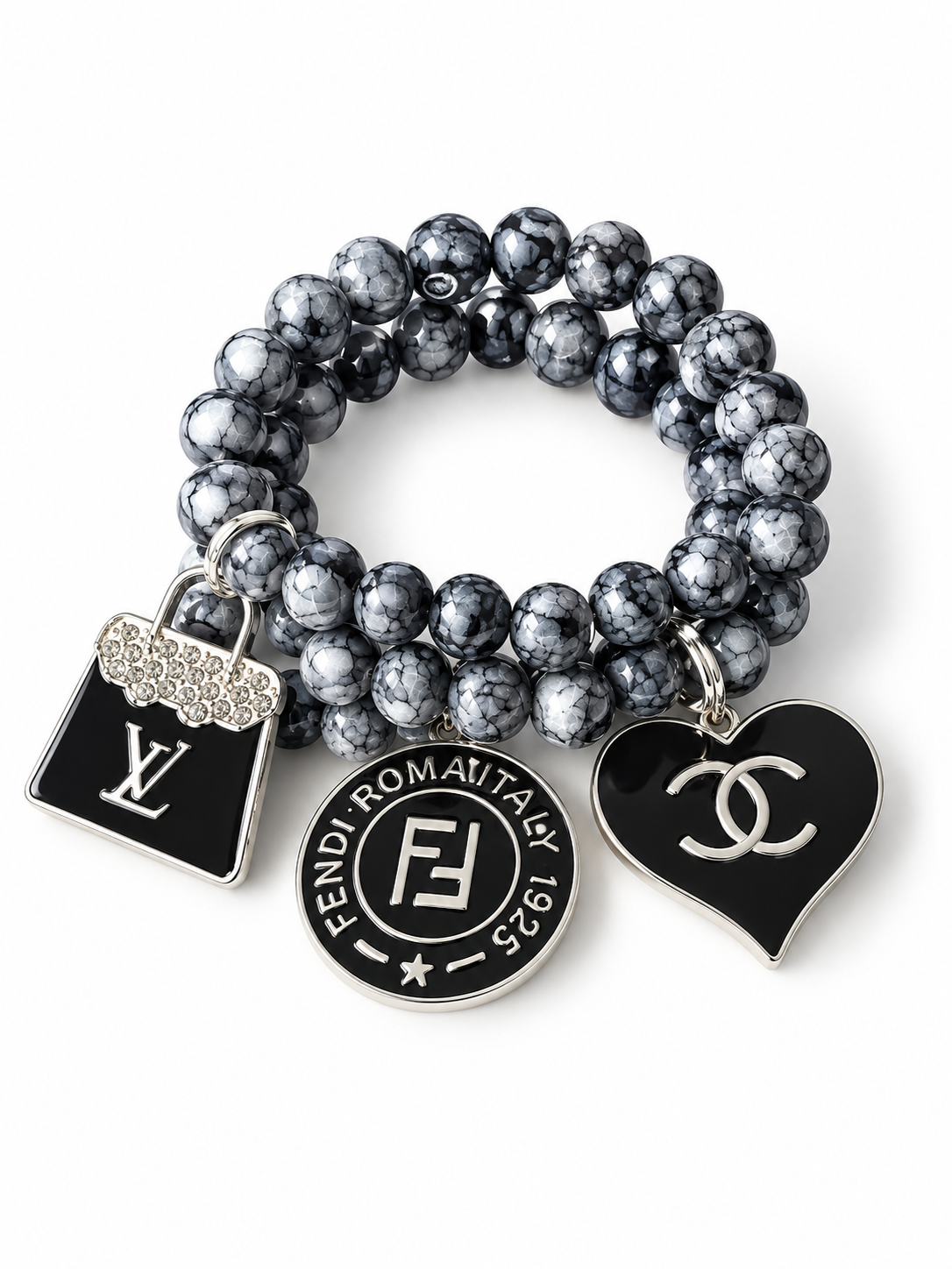 Black and Gray Beaded Bracelet with Charms #46