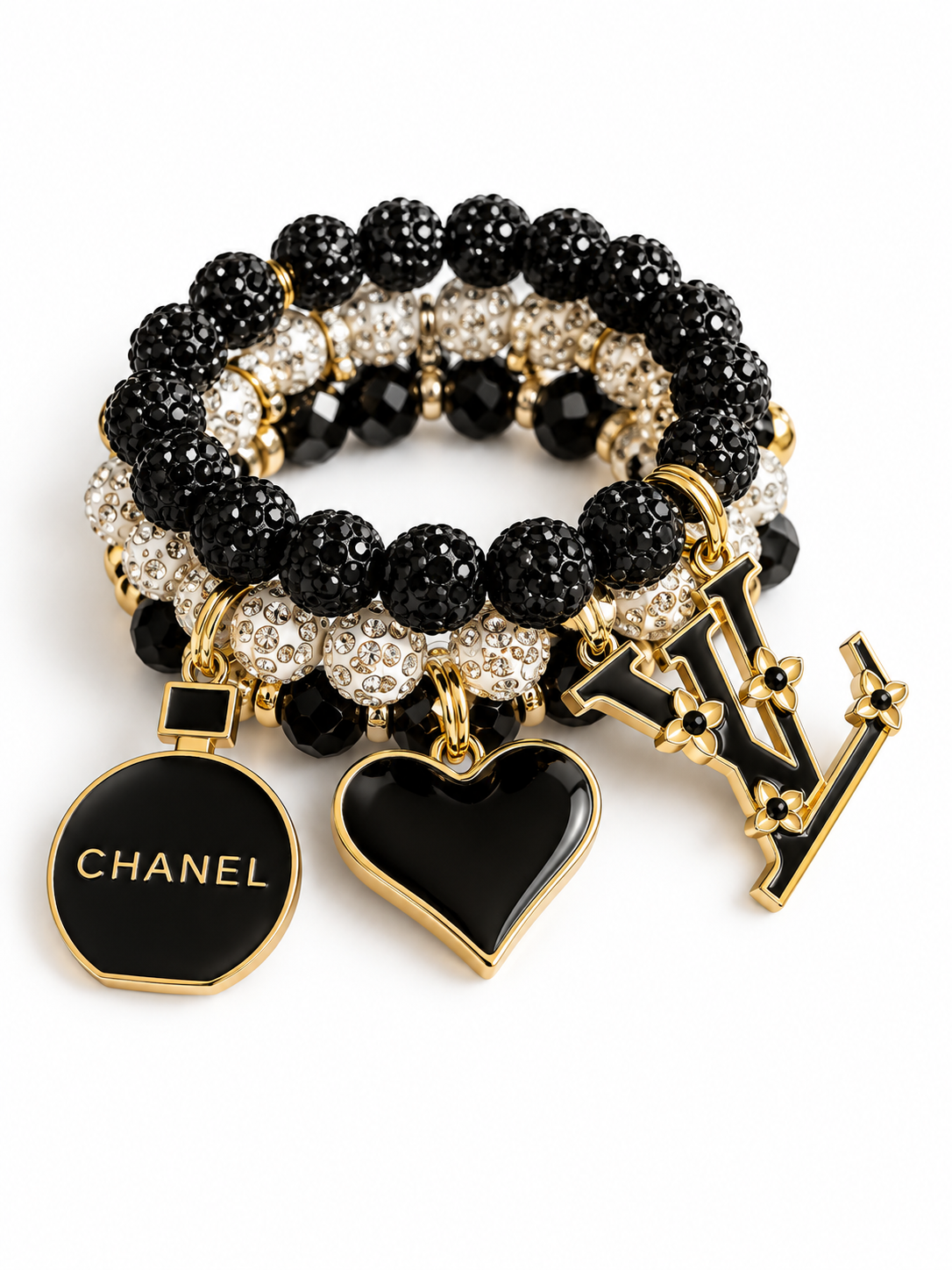 Black Beaded Bracelet with Charms #008