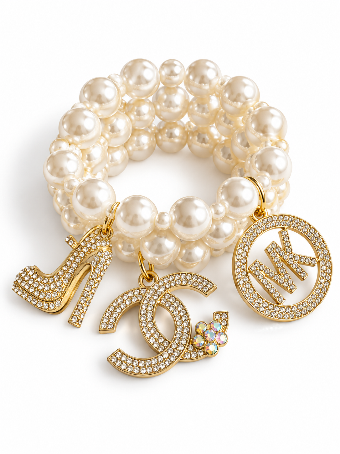Pearl Colored Beaded Bracelet with Charms #014