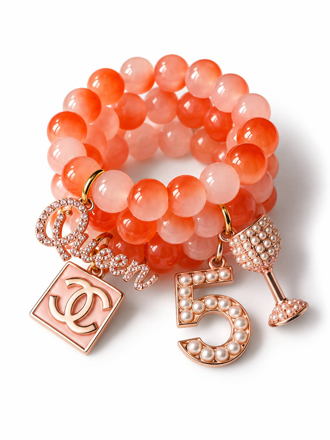 Orange Beaded Bracelet with Rose Gold Charms#56