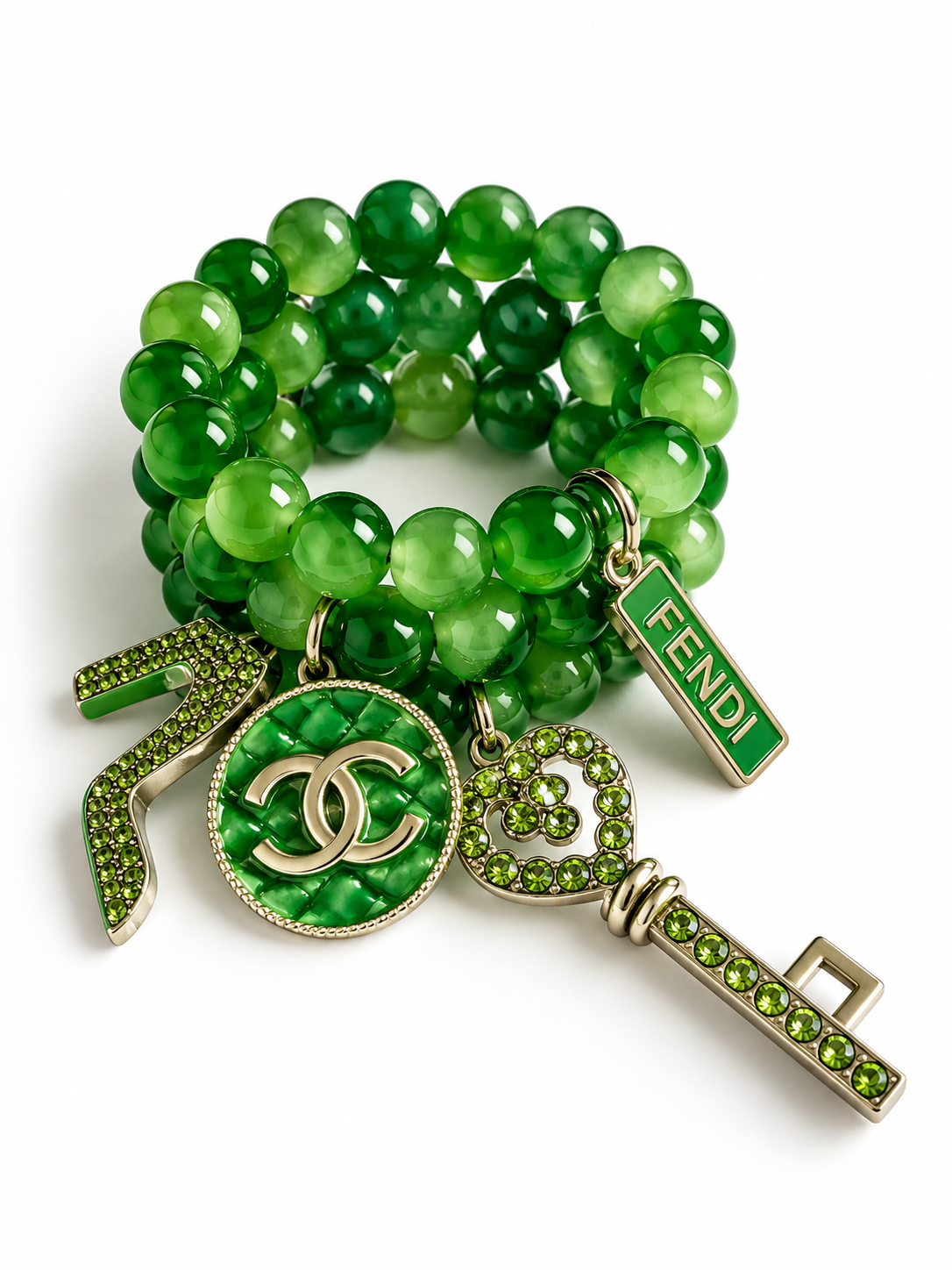 Green Beaded Bracelet with Charms #31