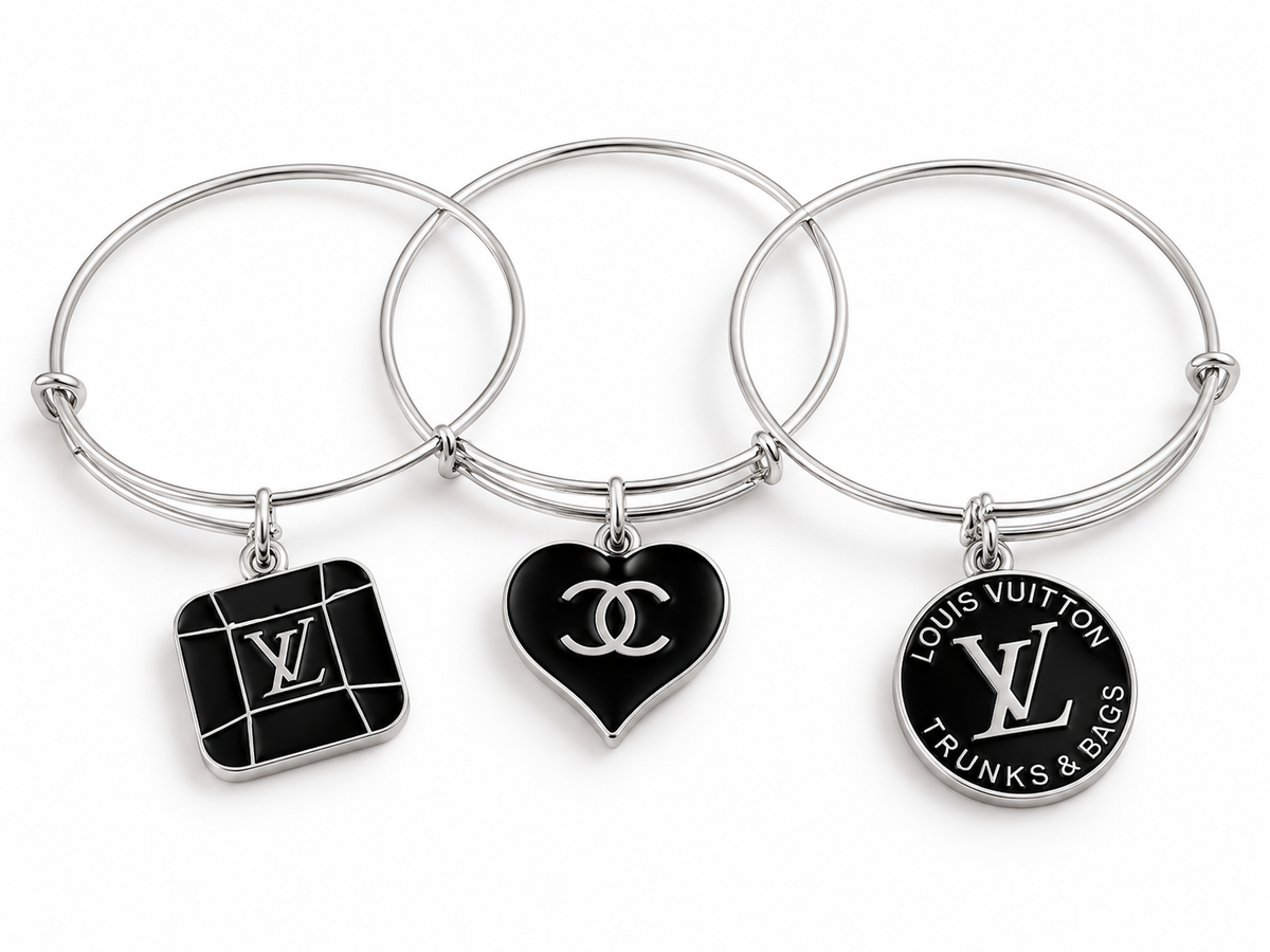 3 Silver Adjustable Bangles with Black Charms #200