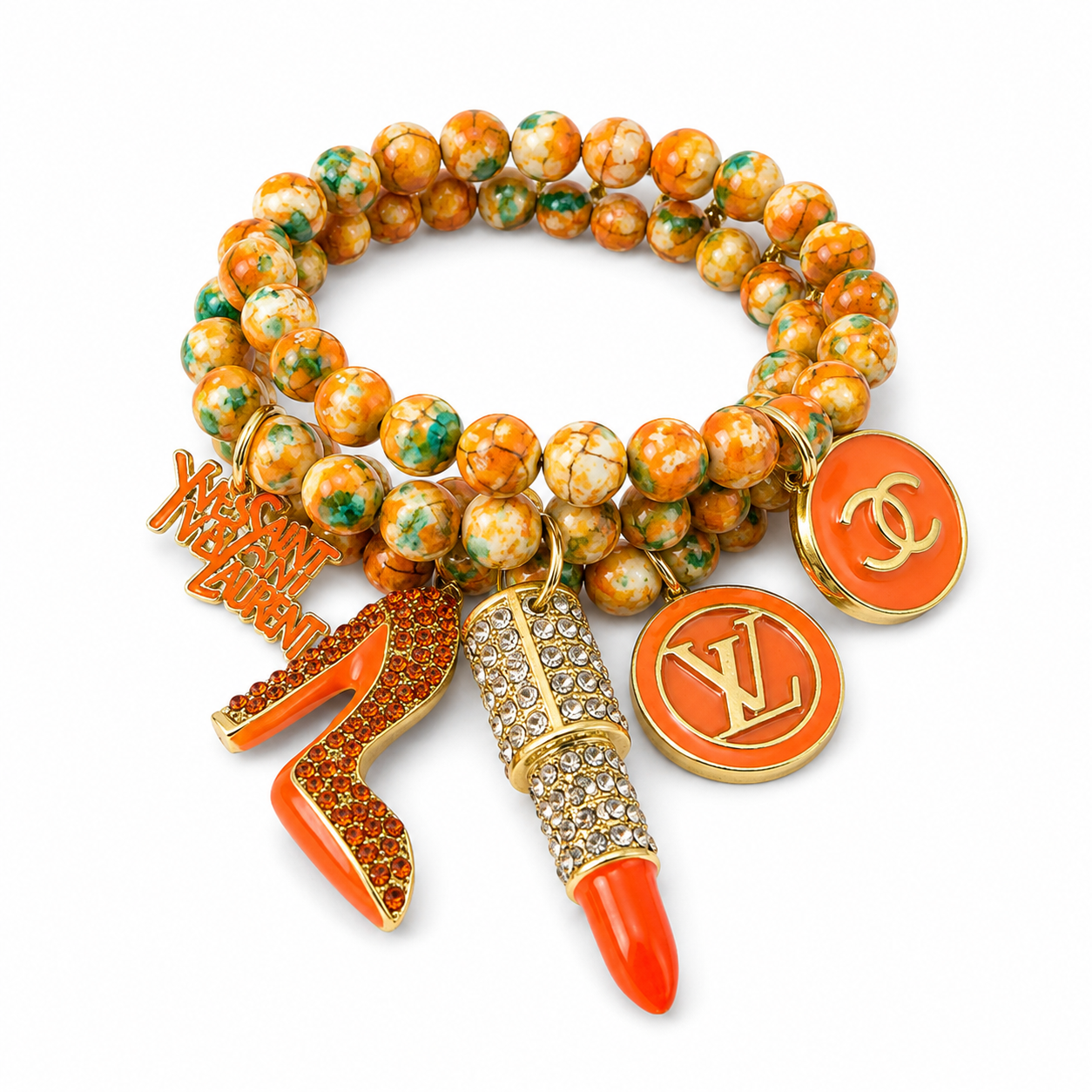 Beaded Charm Bracelet with Orange Charms
