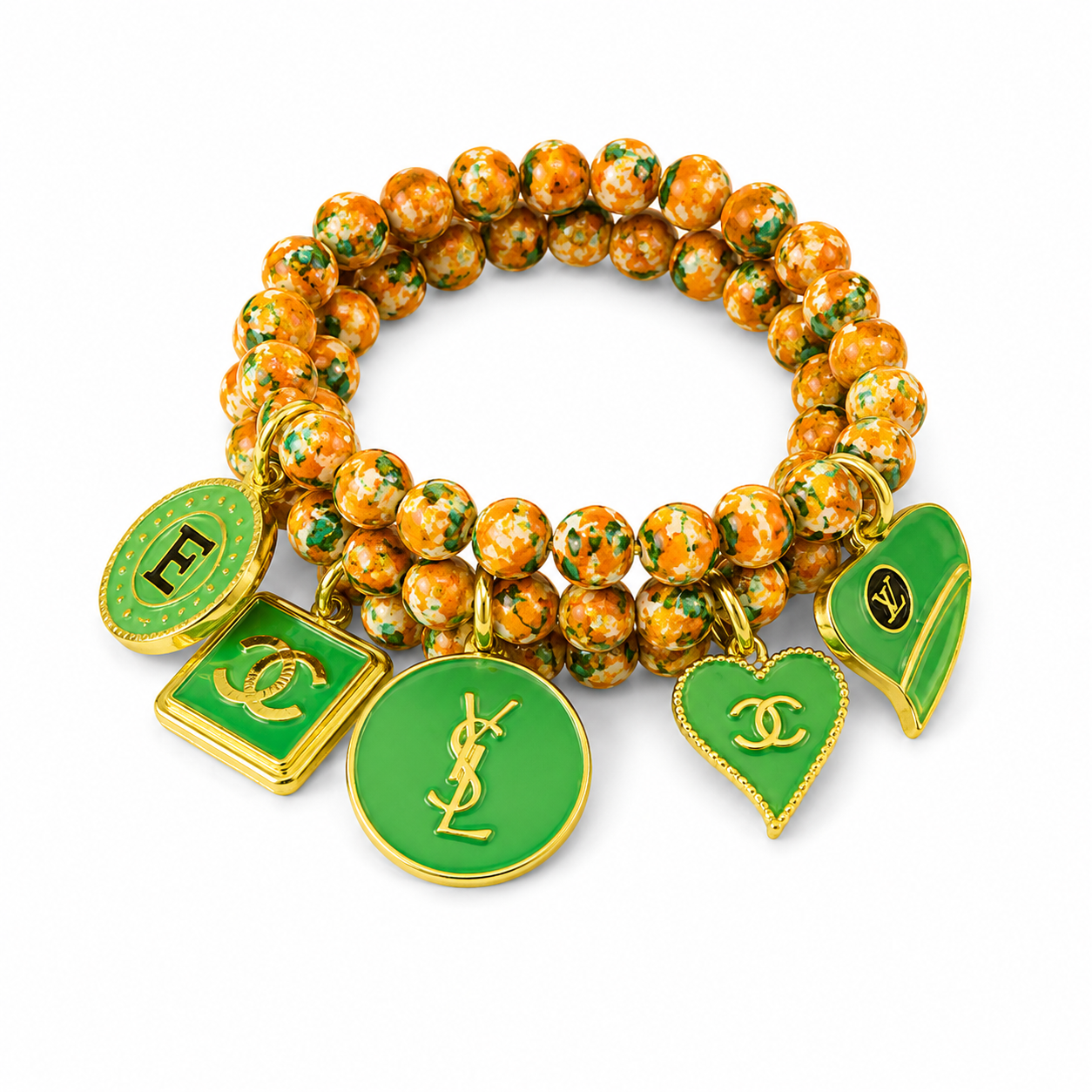 Beaded Charm Bracelet with Gold and Green Charms