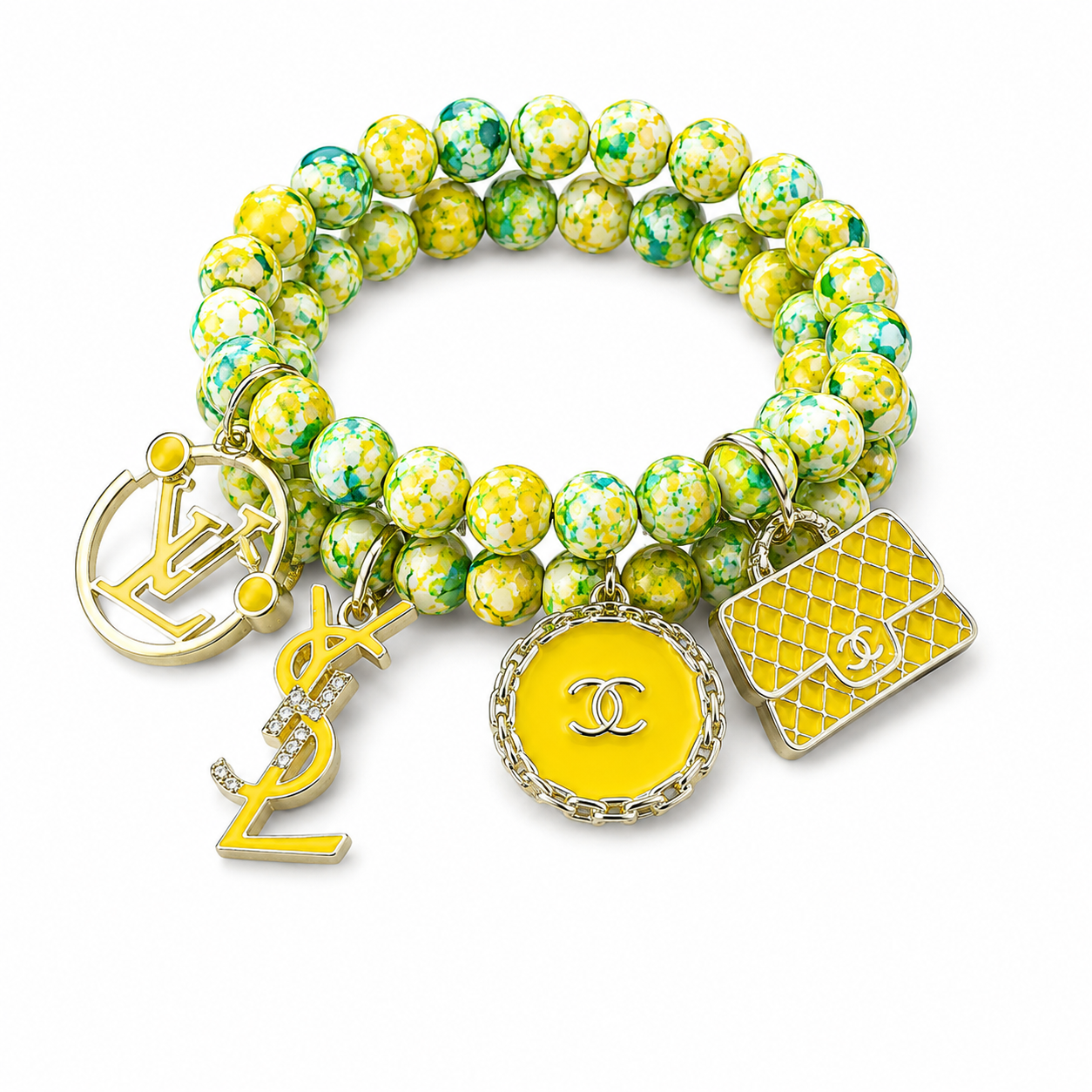 Beaded Charm Bracelet with Silver and Yellow Charms