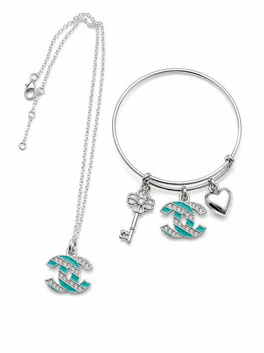 Kids Silver Bangle & Necklace with Designer Inspired Charm Set