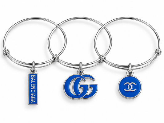 3 Silver Adjustable Bangles with Blue Charms #213
