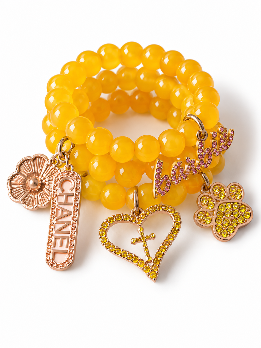 Yellow Beaded Bracelet with Rose Gold Charms #54
