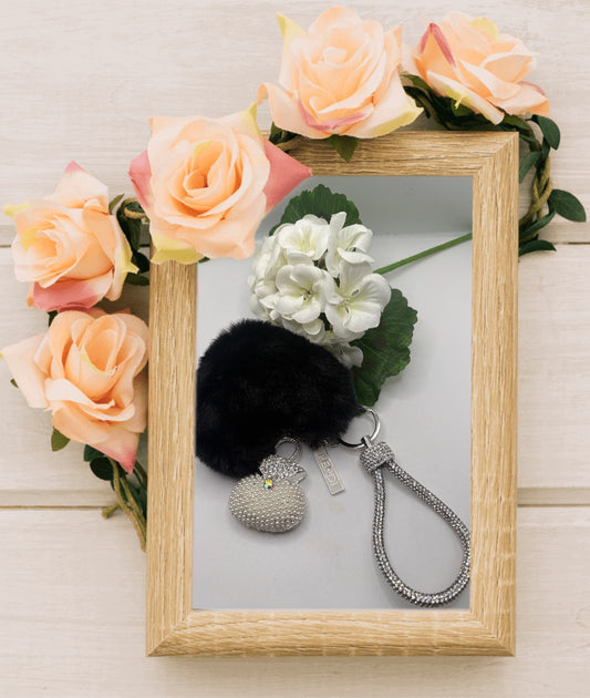 Keychain With Plush Black Heart and Designer Inspired Charm #80