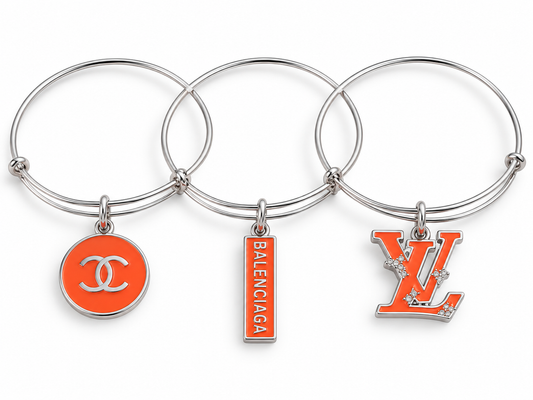 3 Silver Adjustable Bangles with Orange Charms #207