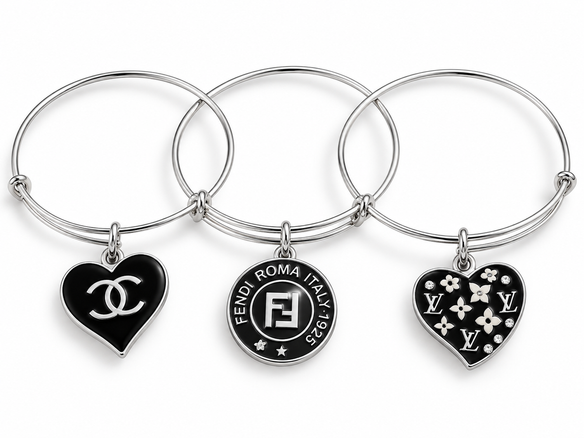 3 Silver Adjustable Bangles Black Charms #205