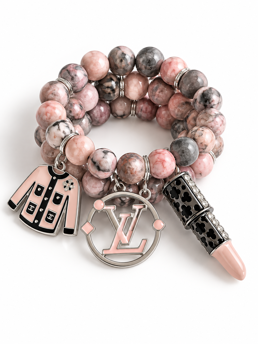 Pink and Gray Beaded Bracelet with Charms #012