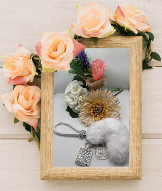 Keychain with White Plush Heart and Designer Inspired Charm #83