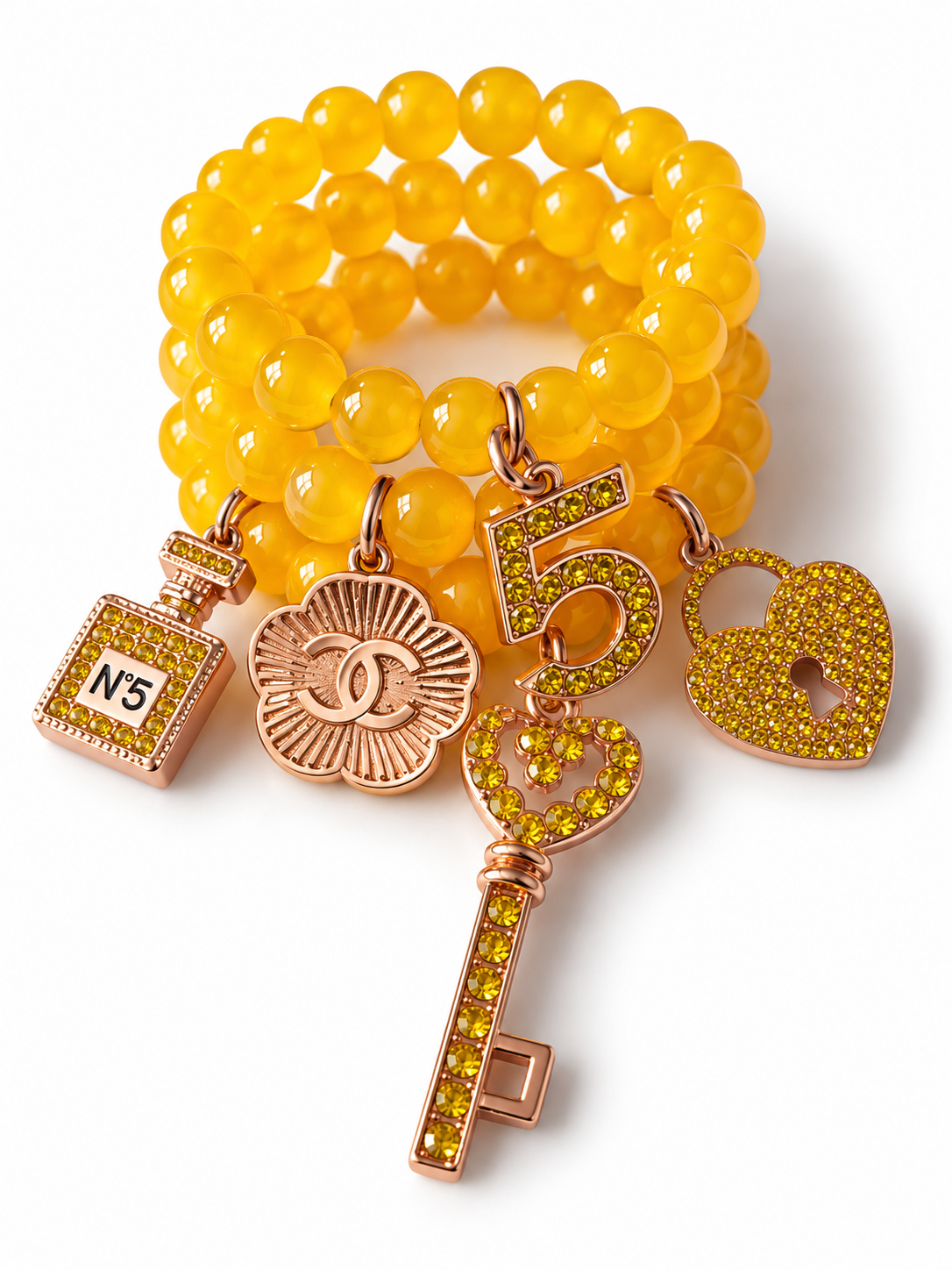 Yellow Beaded Bracelet with Rose Gold Charms #66