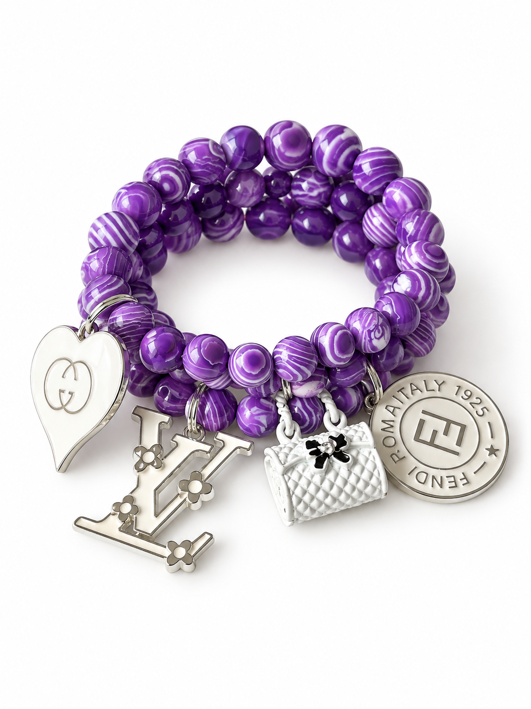 Purple and White Beaded Bracelet with Charms #44