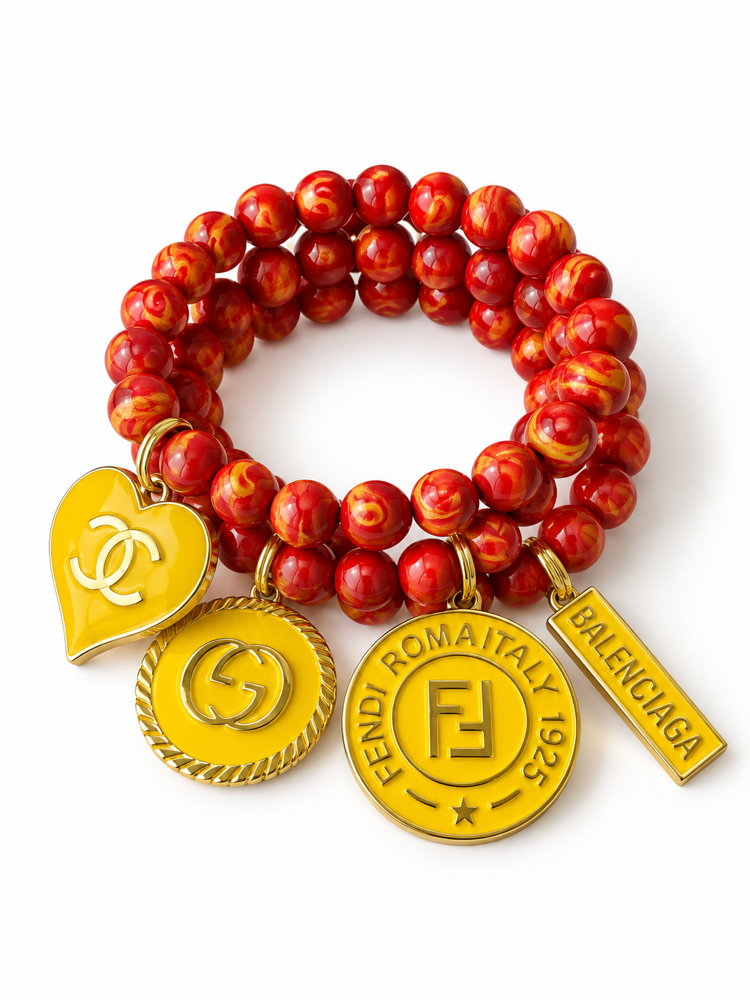 Red and Yellow Beaded Bracelet with Charms #43