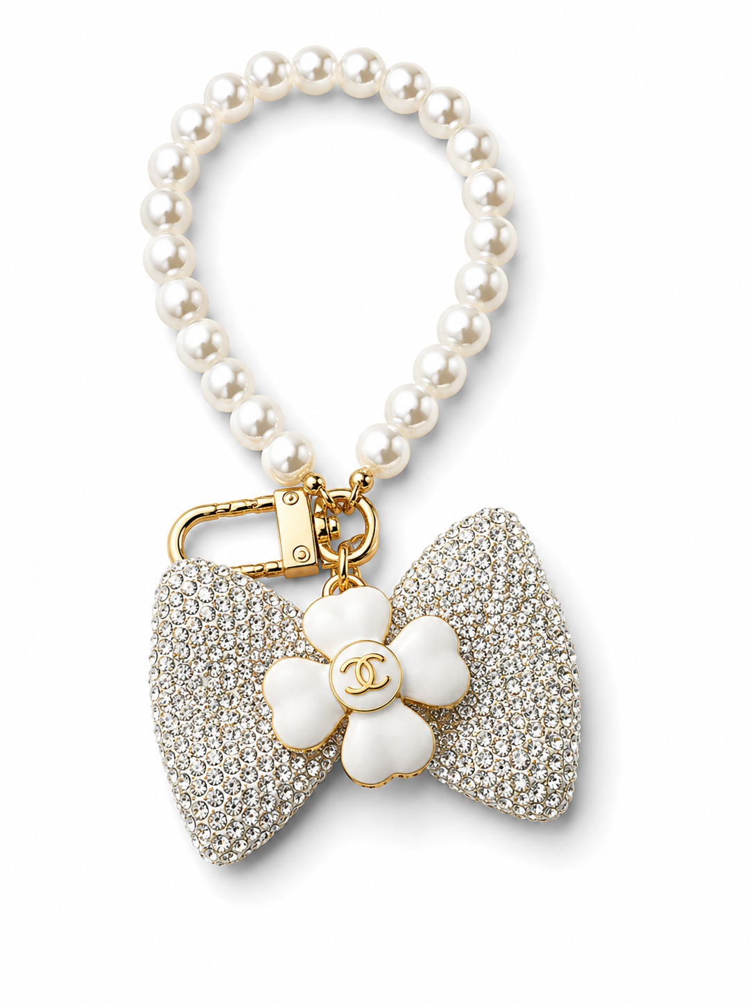 Elegant Pearl Keychain with Rhinestone Bow and Chanel Charm
