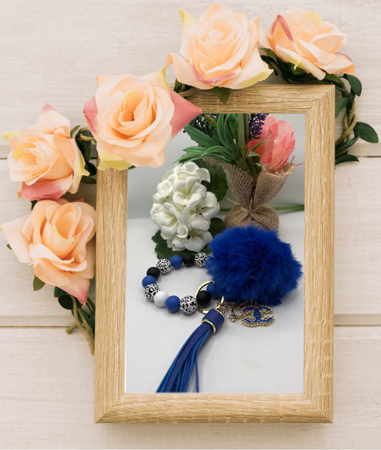 Keychain with Royal Blue Plush Ball and Beaded Bracelet with Designer Inspired Charm #85