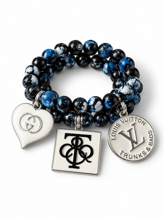 Black and Blue Beaded Bracelet with Charms#35
