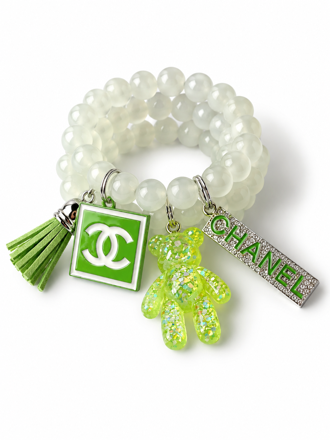White Beaded Bracelet with Green Charms#65