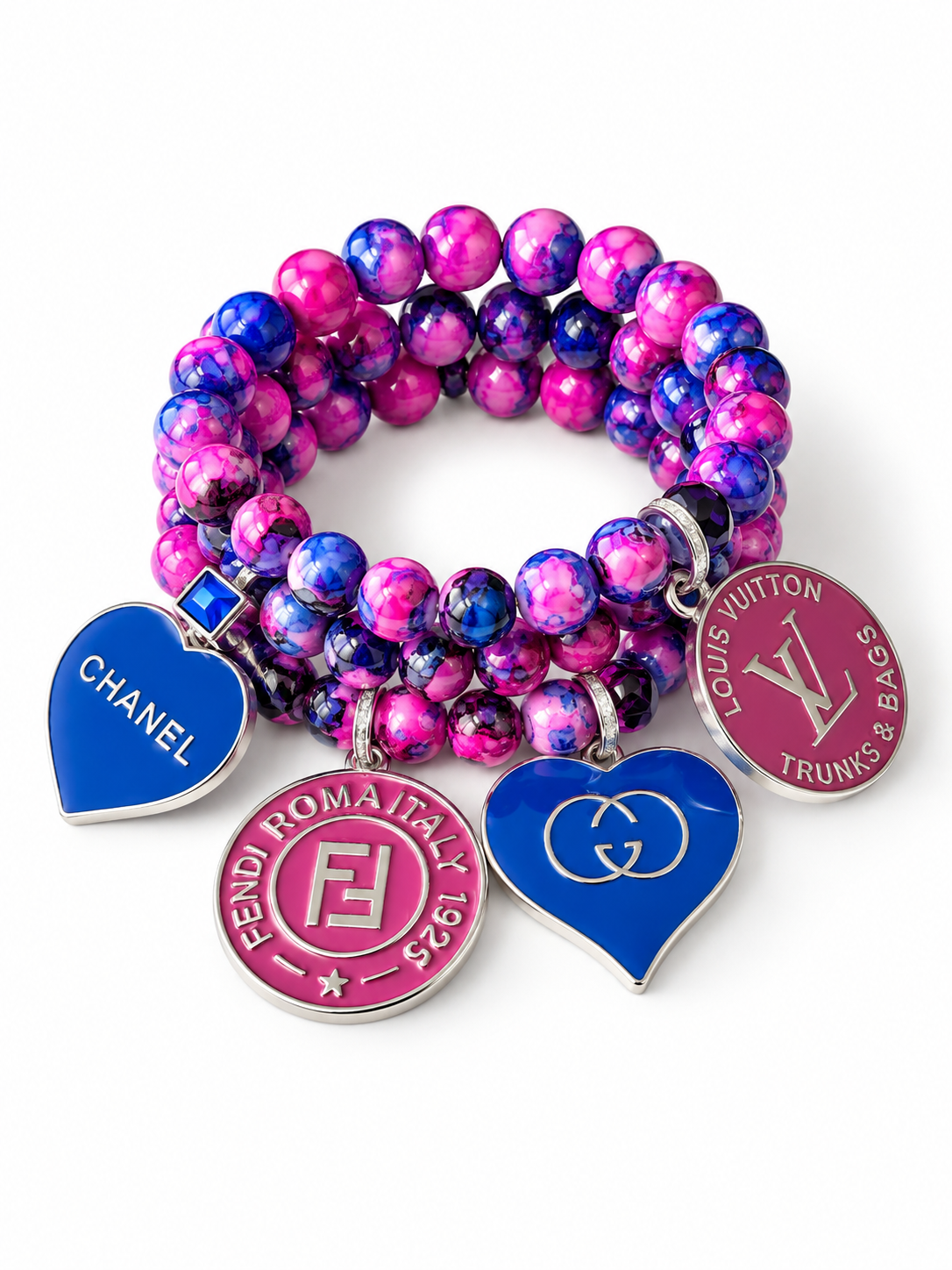 Pink and Blue Beaded Bracelet with Charms #41