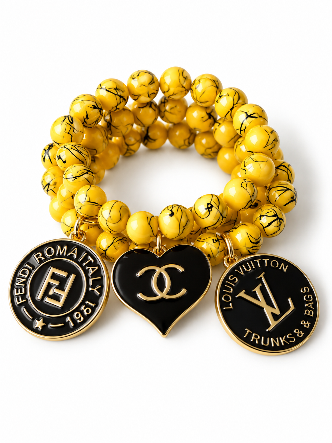 Yellow and Black Beaded Bracelet with Charms #42