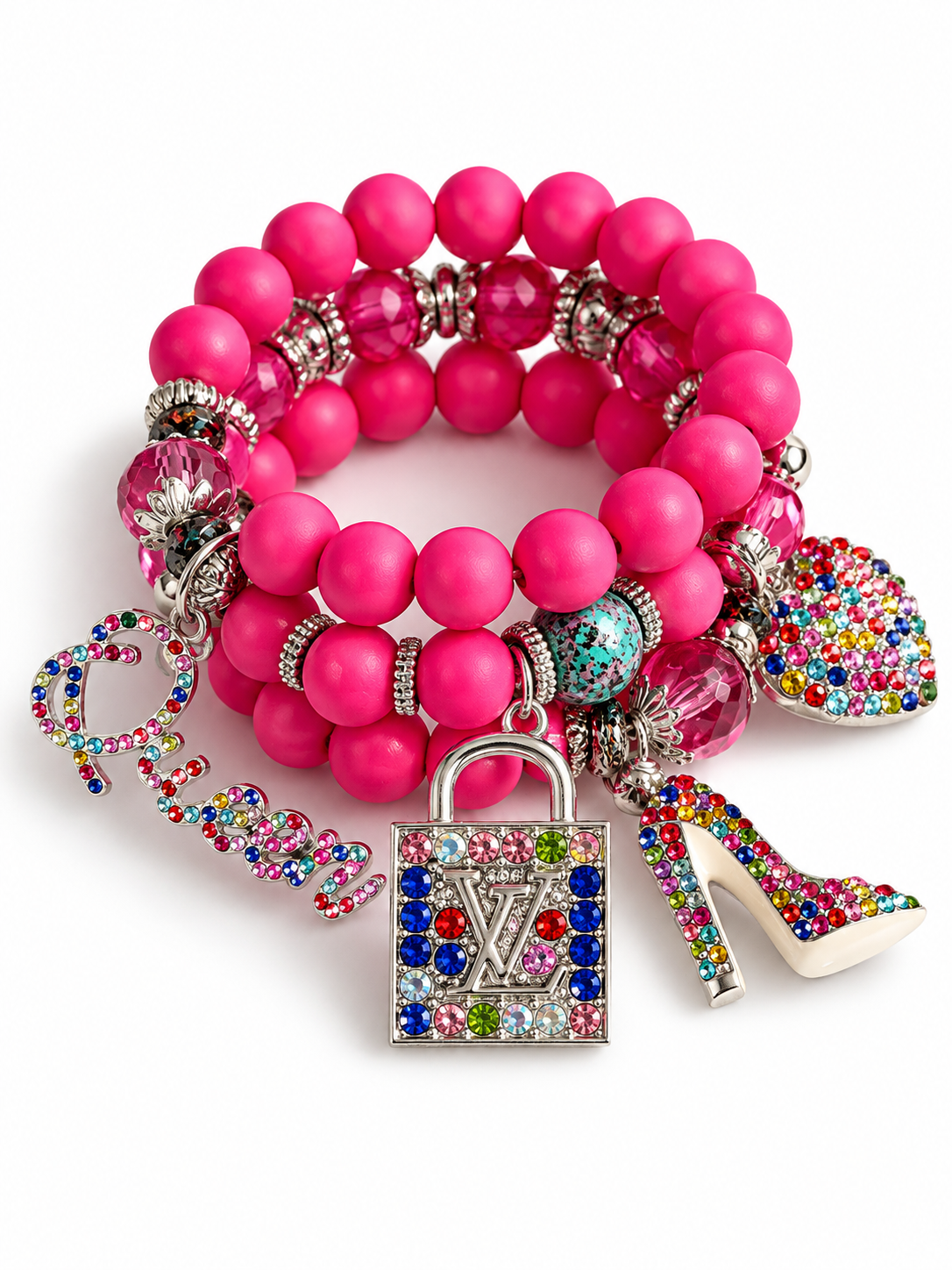 Pink Beaded Bracelet with Charms #018