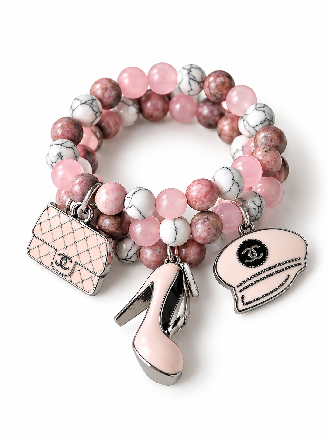Multi Color Pink Beaded Bracelet with Pink Charms#34