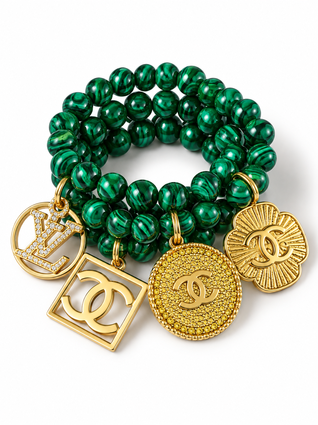 Green Beaded Bracelet with Charms #33