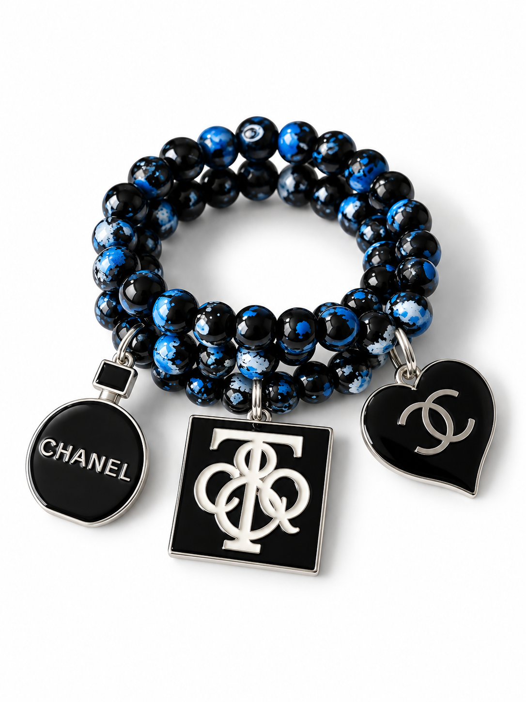 Black and Blue Beaded Bracelet with Charms#52