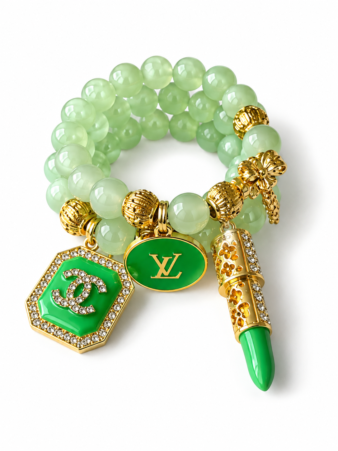 Green Beaded Bracelet with Charms #57