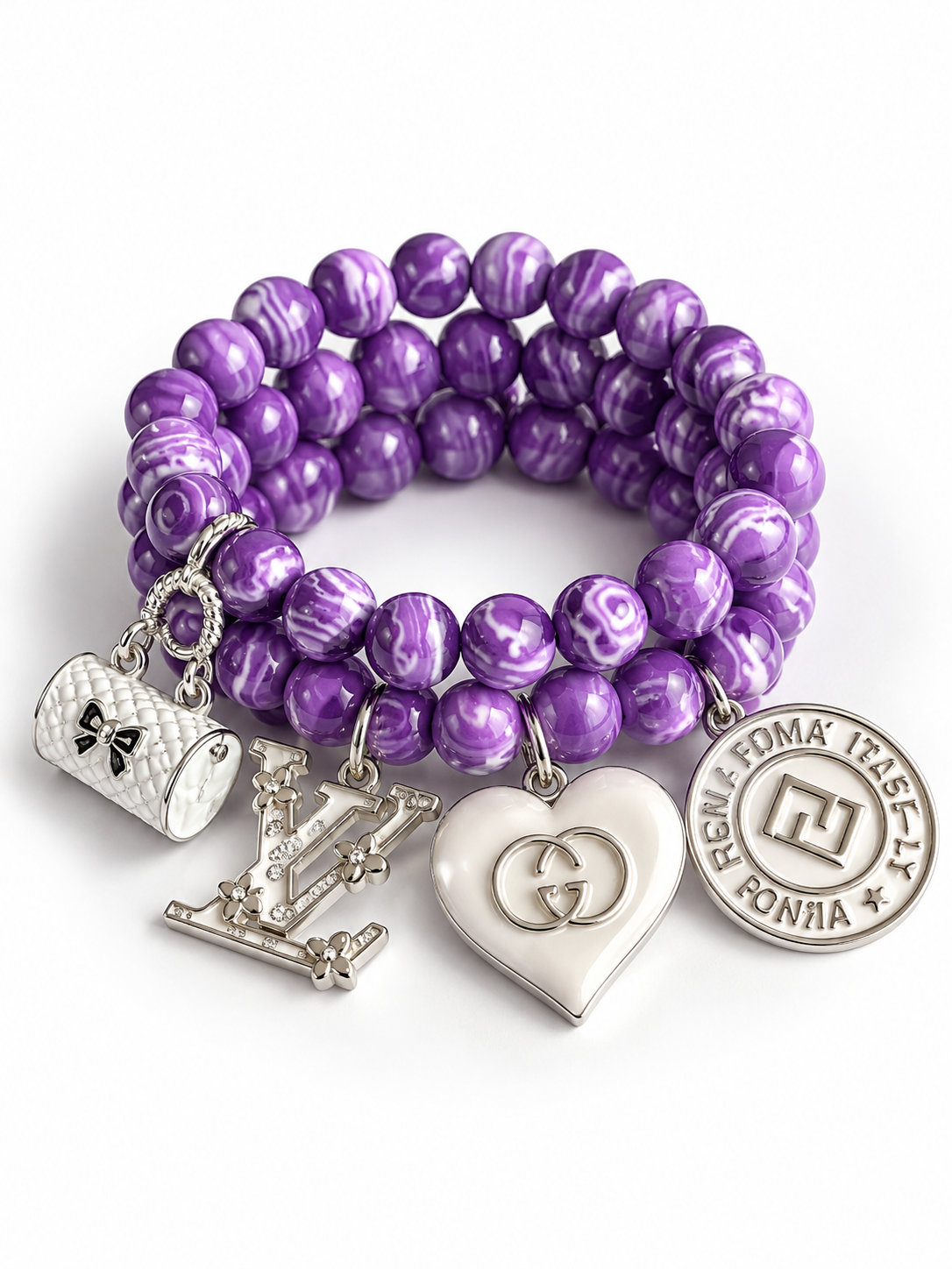 Purple Beaded Bracelet with Charms #44