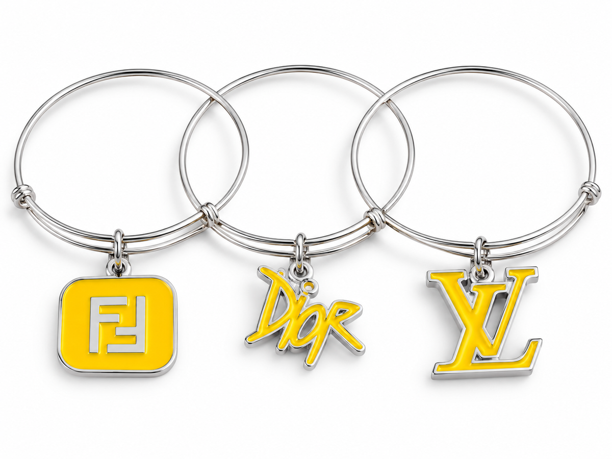 3 Silver Adjustable Bangles with Yellow Charms #203