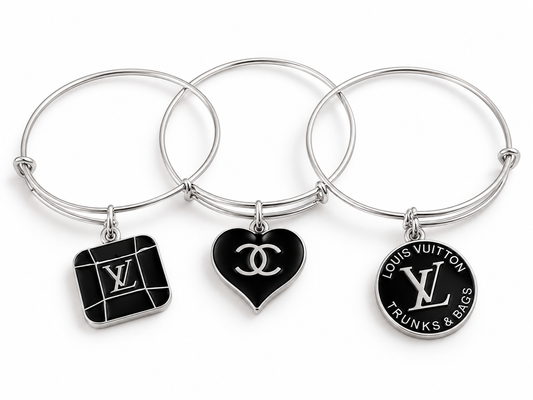 3 Silver Adjustable Bangles with Black Charms #200