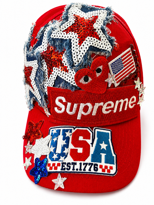 Patriotic Embellished Red Baseball Cap