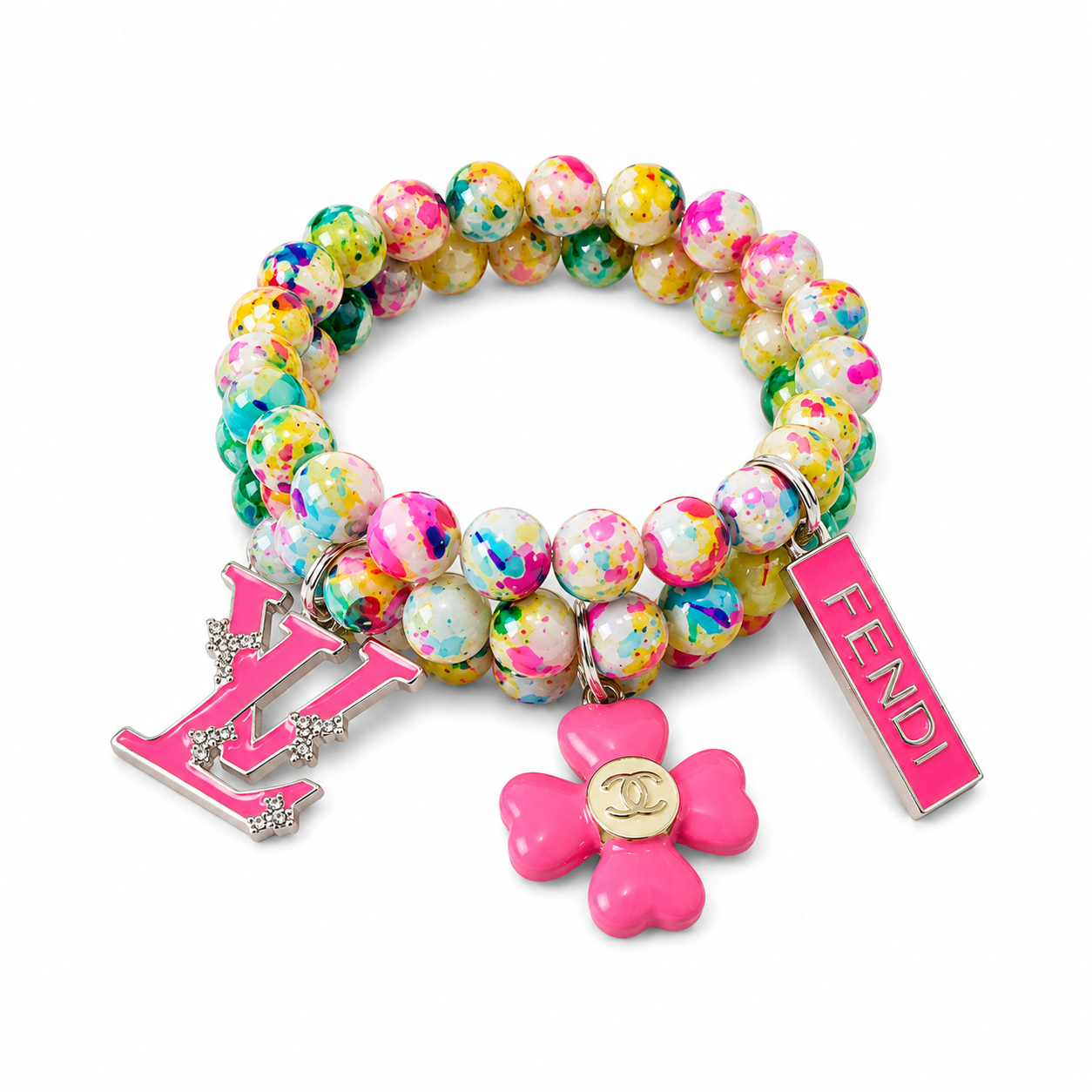 Beaded Charm Bracelet with Pink Charms
