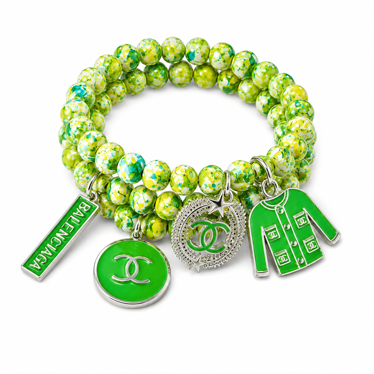 Beaded Charm Bracelet with Silver and Green Charms